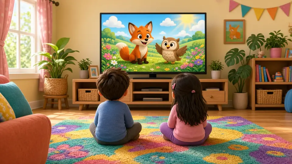 Zwei Kinder schauen gemeinsam einen Zeichentrickfilm im Wohnzimmer