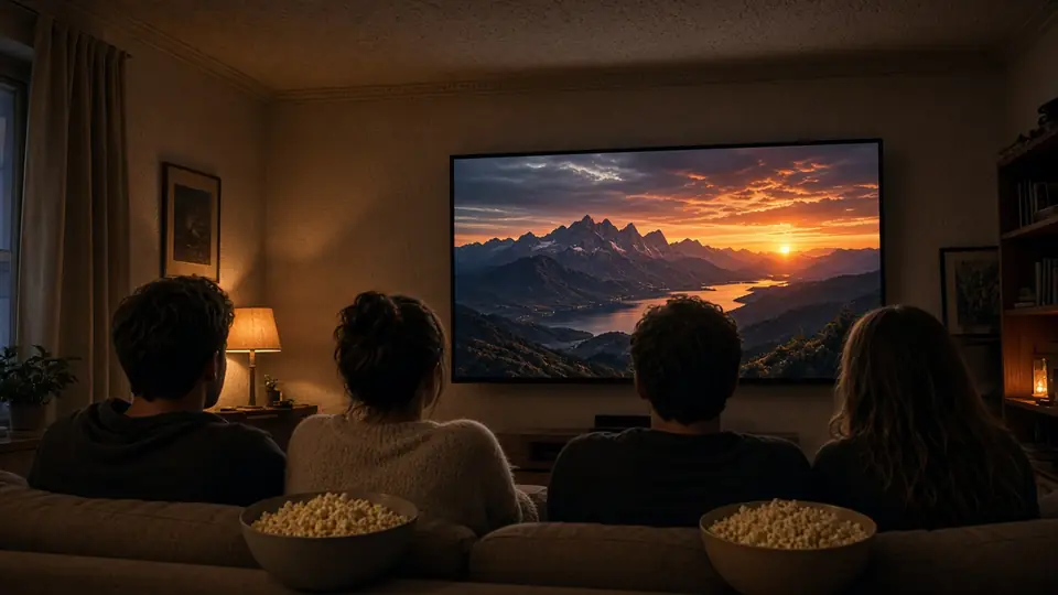 IPTV Abo für den Filmabend: Freunde mit Popcorn vor einem großen Fernseher