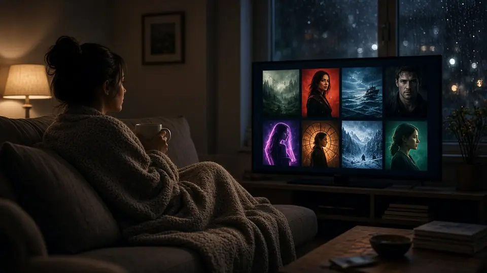 Frau mit Tee und Decke startet am Abend eine Serie auf dem Fernseher