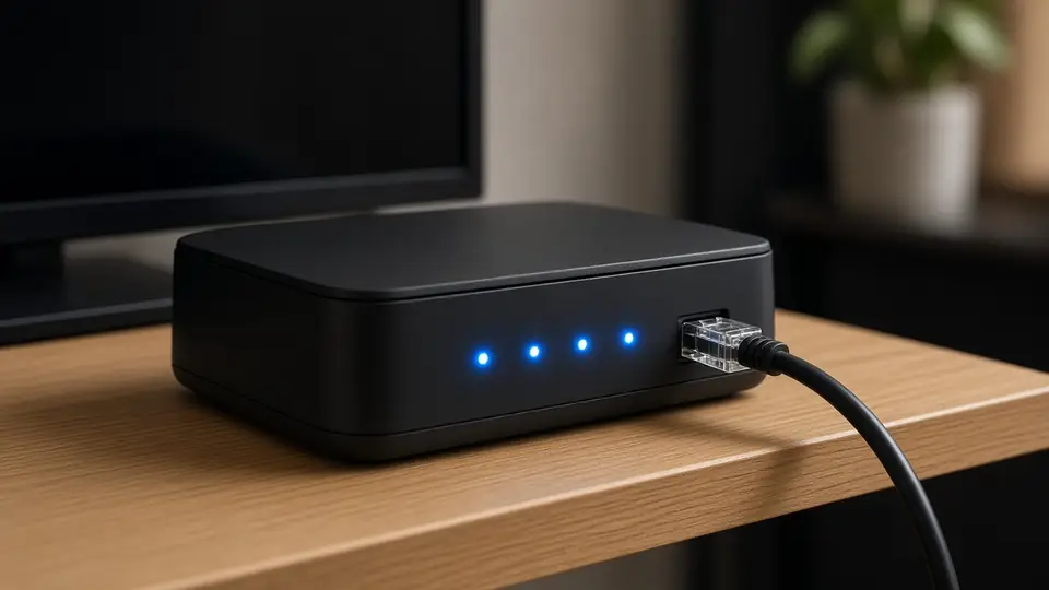 WLAN-Router mit angeschlossenem LAN-Kabel neben einem Fernseher