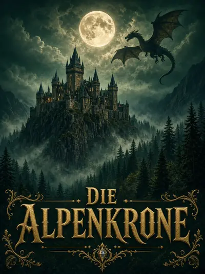 Fiktives Serienplakat „Die Alpenkrone“: Burg im Nebel und Drache vor dem Vollmond