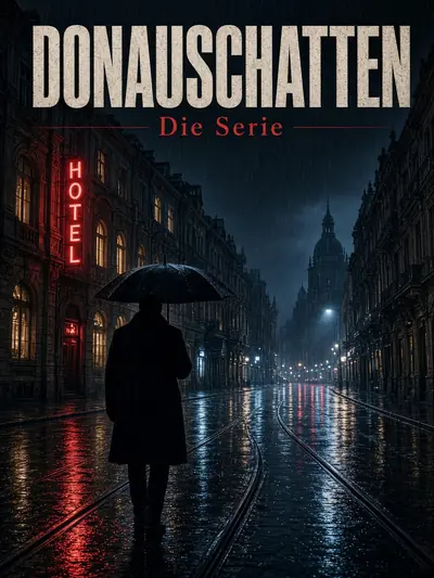 Fiktives Serienplakat „Donauschatten“: Ermittler mit Schirm in einer regennassen Altstadtgasse
