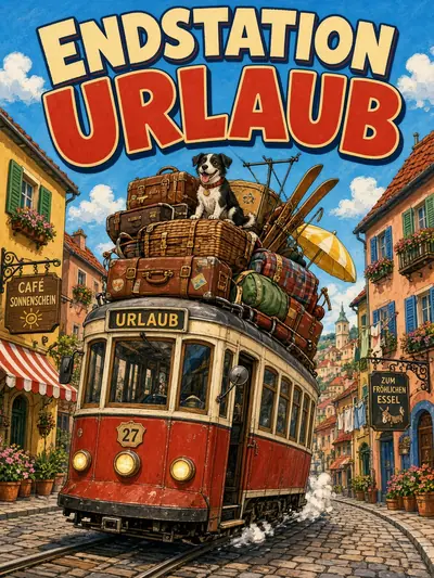 Fiktives Komödienplakat „Endstation Urlaub“: überladene rote Straßenbahn mit Hund