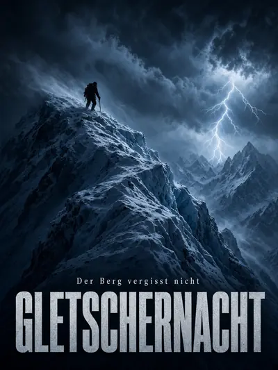 Fiktives Filmplakat „Gletschernacht“: Bergsteiger im Gewitter auf einem Gletschergrat