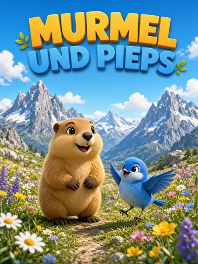 Fiktives Kinderfilmplakat „Murmel und Pieps“: Murmeltier und Vogel auf der Almwiese