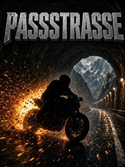 Fiktives Actionfilmplakat „Passstraße“: Motorradfahrer im Bergtunnel