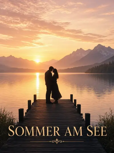 Fiktives Filmplakat „Sommer am See“: Paar auf einem Steg bei Sonnenuntergang