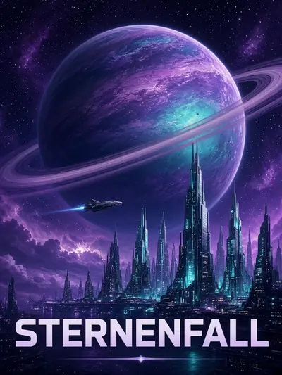 Fiktives Filmplakat „Sternenfall“: Raumschiff vor einem Ringplaneten