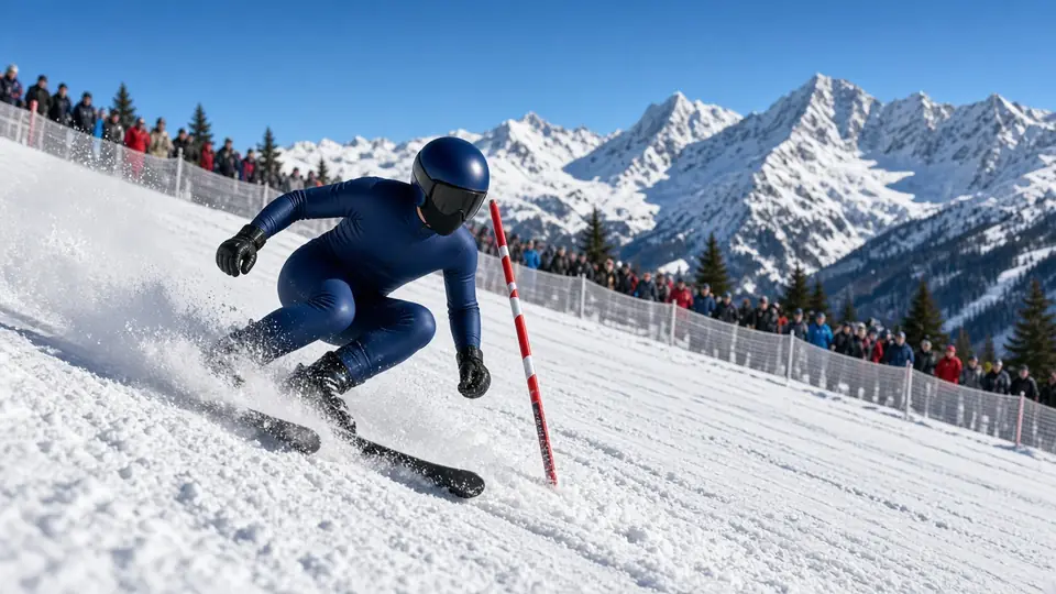 Skirennläufer im Riesentorlauf vor verschneiter Bergkulisse