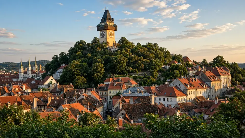IPTV Graz: der Uhrturm auf dem Schloßberg über den roten Dächern der Altstadt
