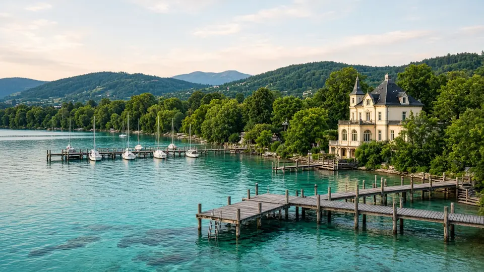 IPTV Klagenfurt: türkisblauer Wörthersee mit Badestegen und Villa