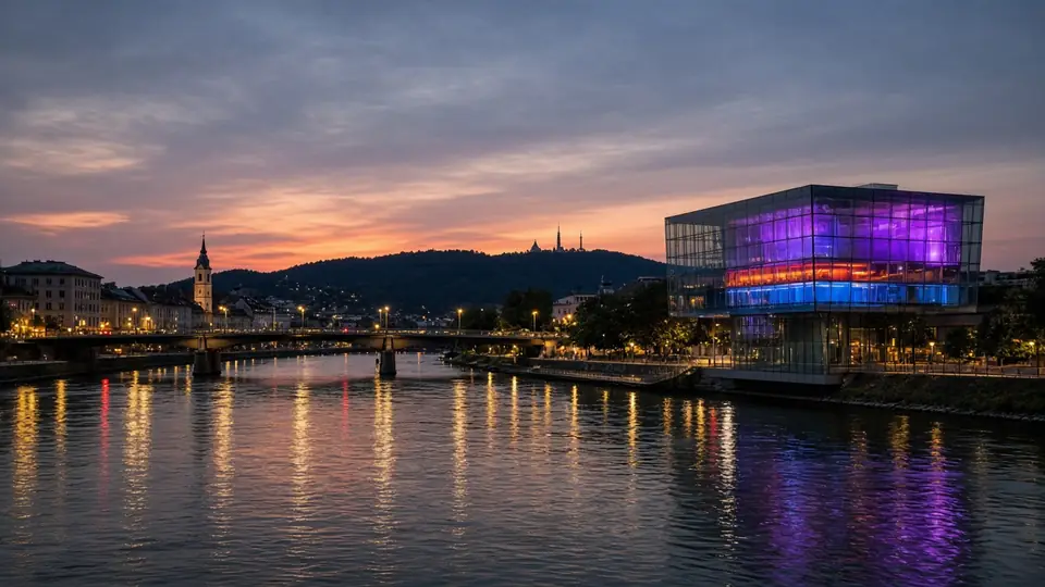 IPTV Linz: die Donau am Abend mit beleuchtetem Glasbau am Ufer