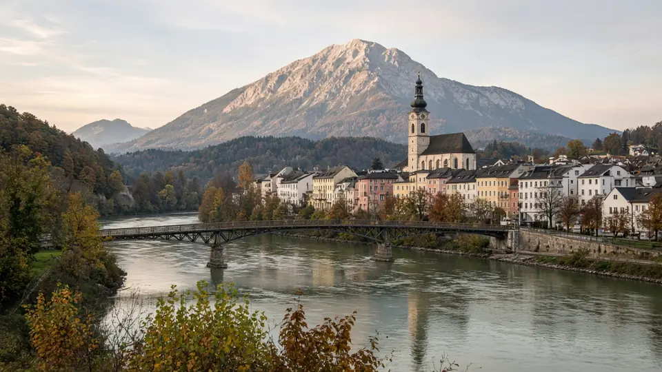 IPTV Villach: die Drau mit Brücke, Kirchturm und dem Dobratsch im Hintergrund